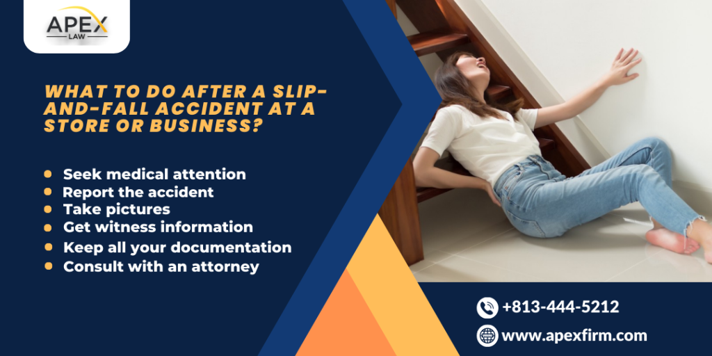 APEX LAW FIRM Slip and Fall Accident Banner - A woman slipping and falling, with contact details for APEX LAW FIRM and information about suing for compensation after a slip and fall accident.