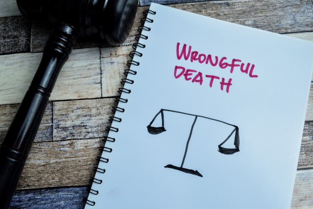 A gavel next to a notepad with "Wrongful Death" and a drawing of scales of justice.